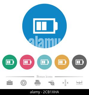 Demi-batterie avec deux unités de charge icônes blanches plates sur fond rond. 6 icônes bonus incluses. Illustration de Vecteur