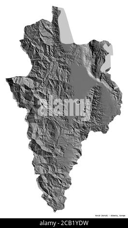 Forme de Korçë, comté d'Albanie, avec sa capitale isolée sur fond blanc. Carte d'élévation à deux niveaux. Rendu 3D Banque D'Images