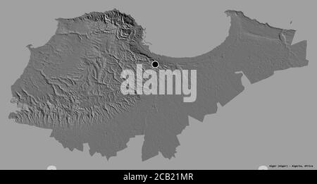 Forme d'Alger, province d'Algérie, avec sa capitale isolée sur un fond de couleur unie. Carte d'élévation à deux niveaux. Rendu 3D Banque D'Images