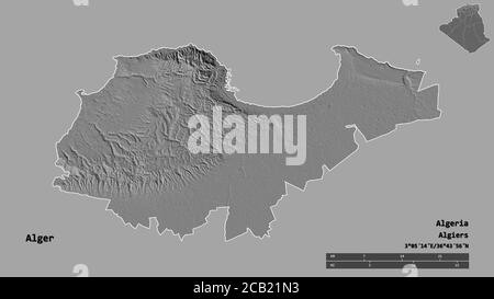 Forme d'Alger, province d'Algérie, avec sa capitale isolée sur fond solide. Échelle de distance, aperçu de la région et libellés. Carte d'élévation à deux niveaux. Banque D'Images