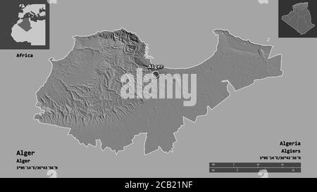 Forme d'Alger, province d'Algérie, et sa capitale. Echelle de distance, aperçus et étiquettes. Carte d'élévation à deux niveaux. Rendu 3D Banque D'Images