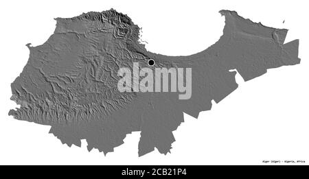 Forme d'Alger, province d'Algérie, avec sa capitale isolée sur fond blanc. Carte d'élévation à deux niveaux. Rendu 3D Banque D'Images