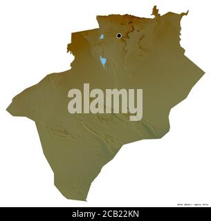 Forme de Béchar, province d'Algérie, avec sa capitale isolée sur fond blanc. Carte topographique de relief. Rendu 3D Banque D'Images