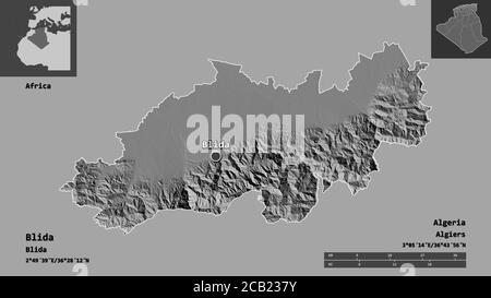 Forme de Blida, province d'Algérie, et sa capitale. Echelle de distance, aperçus et étiquettes. Carte d'élévation à deux niveaux. Rendu 3D Banque D'Images