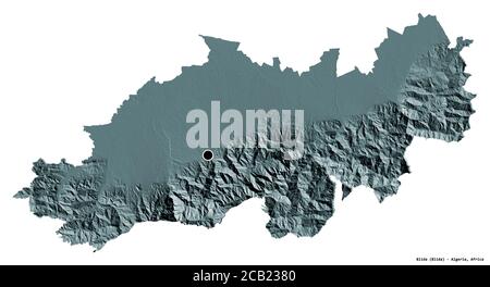 Forme de Blida, province d'Algérie, avec sa capitale isolée sur fond blanc. Carte d'altitude en couleur. Rendu 3D Banque D'Images