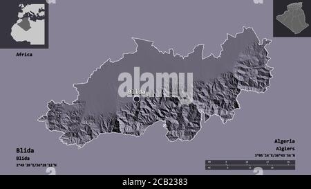 Forme de Blida, province d'Algérie, et sa capitale. Echelle de distance, aperçus et étiquettes. Carte d'altitude en couleur. Rendu 3D Banque D'Images