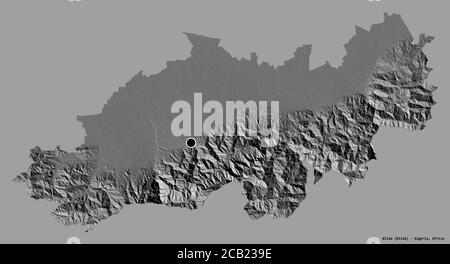 Forme de Blida, province d'Algérie, avec sa capitale isolée sur un fond de couleur unie. Carte d'élévation à deux niveaux. Rendu 3D Banque D'Images