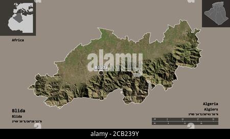 Forme de Blida, province d'Algérie, et sa capitale. Echelle de distance, aperçus et étiquettes. Imagerie satellite. Rendu 3D Banque D'Images