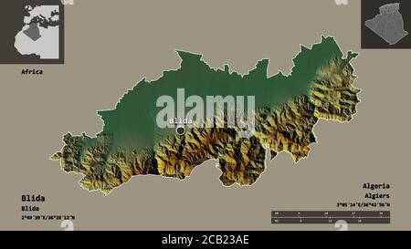 Forme de Blida, province d'Algérie, et sa capitale. Echelle de distance, aperçus et étiquettes. Carte topographique de relief. Rendu 3D Banque D'Images