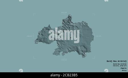 Zone de Bordj Bou Arréridj, province d'Algérie, isolée sur fond solide dans une boîte englobante géoréférencée. Étiquettes. Carte d'altitude en couleur. 3D ren Banque D'Images