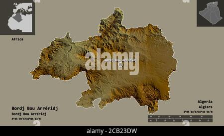 Forme de Bordj Bou Arréridj, province d'Algérie, et sa capitale. Echelle de distance, aperçus et étiquettes. Carte topographique de relief. Rendu 3D Banque D'Images