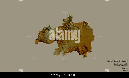 Zone de Bordj Bou Arréridj, province d'Algérie, isolée sur fond solide dans une boîte englobante géoréférencée. Étiquettes. Carte topographique de relief. Réf. 3D Banque D'Images