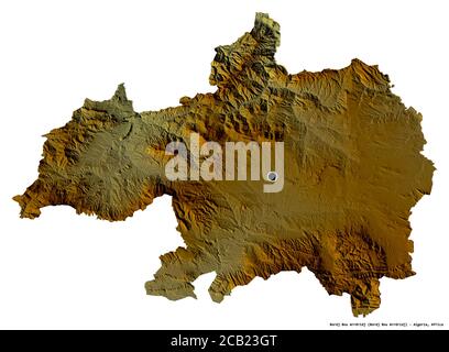 Forme de Bordj Bou Arréridj, province d'Algérie, avec sa capitale isolée sur fond blanc. Carte topographique de relief. Rendu 3D Banque D'Images