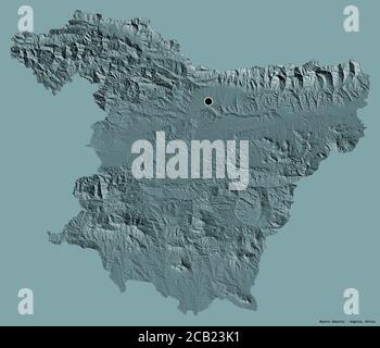 Forme de Bouira, province d'Algérie, avec sa capitale isolée sur un fond de couleur unie. Carte d'altitude en couleur. Rendu 3D Banque D'Images