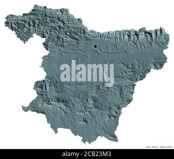 Forme de Bouira, province d'Algérie, avec sa capitale isolée sur fond blanc. Carte d'altitude en couleur. Rendu 3D Banque D'Images