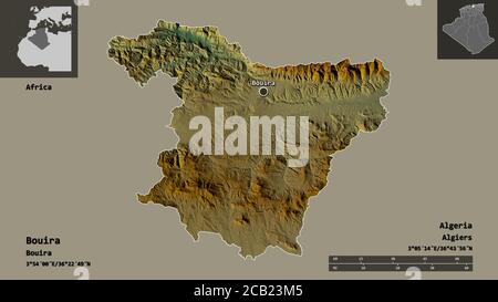 Forme de Bouira, province d'Algérie, et sa capitale. Echelle de distance, aperçus et étiquettes. Carte topographique de relief. Rendu 3D Banque D'Images