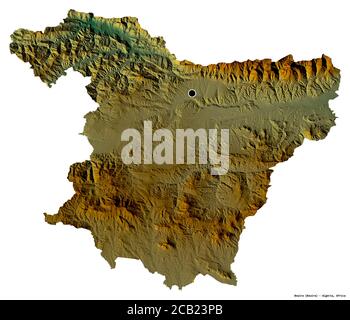 Forme de Bouira, province d'Algérie, avec sa capitale isolée sur fond blanc. Carte topographique de relief. Rendu 3D Banque D'Images