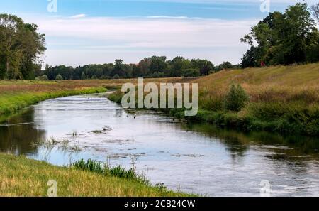 Leipzig, Allemagne. 05 août 2020. La forêt de la plaine inondable de Leipzig enligne les rives de la Neue Luppe. La forêt de la plaine inondable de 5700 hectares est considérée comme unique en Europe. Cependant, la zone de protection du paysage n'est pas en bon état, la forêt alluviale manque d'eau. Si la région n'est pas inondée pour les décennies à venir, la forêt va changer radicalement. Le canal Neue Luppe, construit à partir de 1934, draine très rapidement beaucoup d'eau de Leipzig. Credit: Hendrik Schmidt/dpa-Zentralbild/ZB/dpa/Alay Live News Banque D'Images