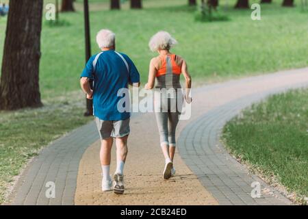 Vue arrière de couple de personnes âgées en jogging sur la piste dans le parc Banque D'Images