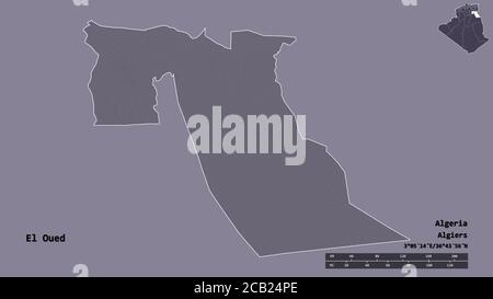 Forme d'El Oued, province d'Algérie, avec sa capitale isolée sur fond solide. Échelle de distance, aperçu de la région et libellés. Carte d'altitude en couleur Banque D'Images