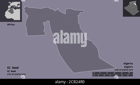 Forme d'El Oued, province d'Algérie, et de sa capitale. Echelle de distance, aperçus et étiquettes. Carte d'altitude en couleur. Rendu 3D Banque D'Images
