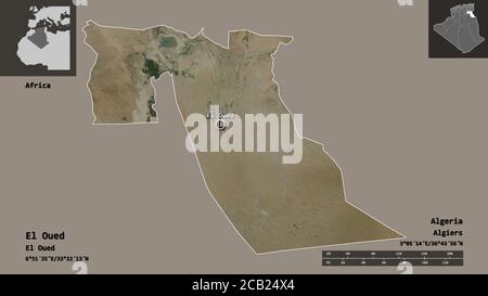 Forme d'El Oued, province d'Algérie, et de sa capitale. Echelle de distance, aperçus et étiquettes. Imagerie satellite. Rendu 3D Banque D'Images