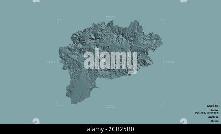 Région de Guelma, province d'Algérie, isolée sur fond solide dans une boîte englobante géoréférencée. Étiquettes. Carte d'altitude en couleur. Rendu 3D Banque D'Images