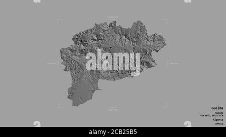 Région de Guelma, province d'Algérie, isolée sur fond solide dans une boîte englobante géoréférencée. Étiquettes. Carte d'élévation à deux niveaux. Rendu 3D Banque D'Images