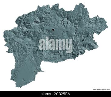 Forme de Guelma, province d'Algérie, avec sa capitale isolée sur fond blanc. Carte d'altitude en couleur. Rendu 3D Banque D'Images