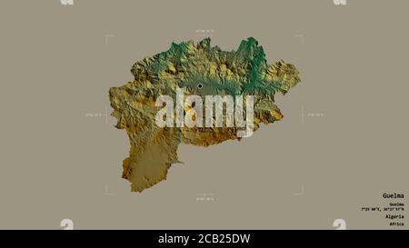 Région de Guelma, province d'Algérie, isolée sur fond solide dans une boîte englobante géoréférencée. Étiquettes. Carte topographique de relief. Rendu 3D Banque D'Images