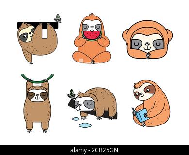 Ensemble de jolis motifs graphiques vectoriels en forme de cloth. Adorables sloth dessinés à la main accrochés à l'arbre. Illustration pour la création de pépinière, affiche, gr Illustration de Vecteur