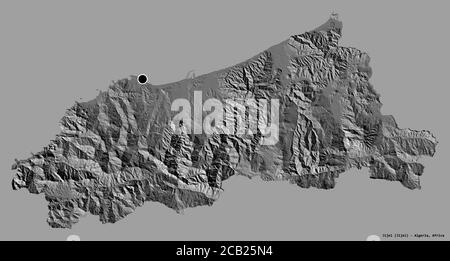 Forme de Jijel, province d'Algérie, avec sa capitale isolée sur un fond de couleur unie. Carte d'élévation à deux niveaux. Rendu 3D Banque D'Images