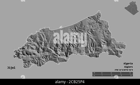 Forme de Jijel, province d'Algérie, avec sa capitale isolée sur fond solide. Échelle de distance, aperçu de la région et libellés. Carte d'élévation à deux niveaux. Banque D'Images