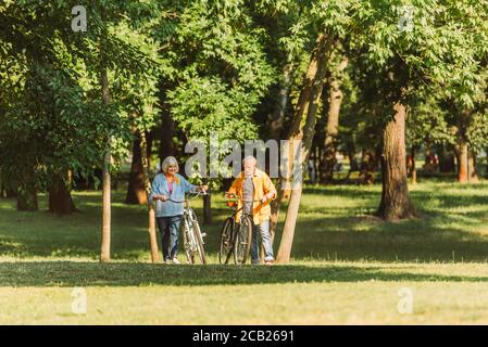 Femme âgée souriante avec vélo marchant à côté de son mari sur l'herbe dans le parc Banque D'Images