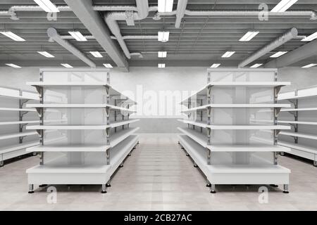 Maquette d'intérieur de supermarché avec étagères vides. rendu 3d Banque D'Images