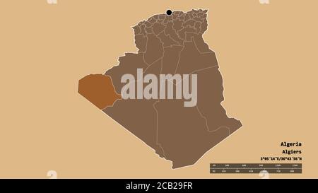 Forme d'Algérie désaturée avec sa capitale, sa principale division régionale et la région séparée de Tindouf. Étiquettes. Composition des textures répétées. Réf. 3D Banque D'Images