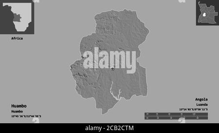 Forme de Huambo, province de l'Angola, et sa capitale. Echelle de distance, aperçus et étiquettes. Carte d'élévation à deux niveaux. Rendu 3D Banque D'Images