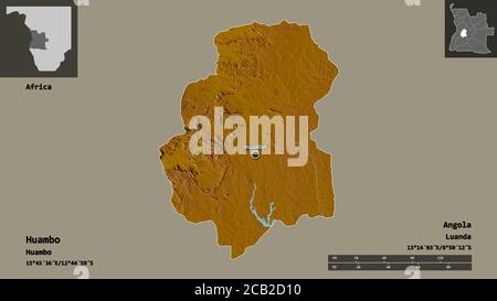Forme de Huambo, province de l'Angola, et sa capitale. Echelle de distance, aperçus et étiquettes. Carte topographique de relief. Rendu 3D Banque D'Images