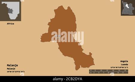 Forme de Malanje, province de l'Angola, et sa capitale. Echelle de distance, aperçus et étiquettes. Composition des textures répétées. Rendu 3D Banque D'Images