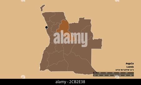 Forme désaturée de l'Angola avec sa capitale, sa principale division régionale et la région séparée de Malanje. Étiquettes. Composition des textures répétées. 3D ren Banque D'Images