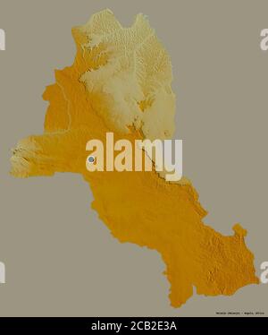 Forme de Malanje, province d'Angola, avec sa capitale isolée sur un fond de couleur unie. Carte topographique de relief. Rendu 3D Banque D'Images