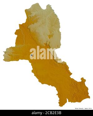 Forme de Malanje, province d'Angola, avec sa capitale isolée sur fond blanc. Carte topographique de relief. Rendu 3D Banque D'Images