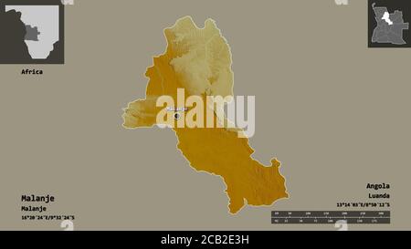 Forme de Malanje, province de l'Angola, et sa capitale. Echelle de distance, aperçus et étiquettes. Carte topographique de relief. Rendu 3D Banque D'Images