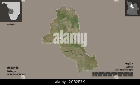 Forme de Malanje, province de l'Angola, et sa capitale. Echelle de distance, aperçus et étiquettes. Imagerie satellite. Rendu 3D Banque D'Images