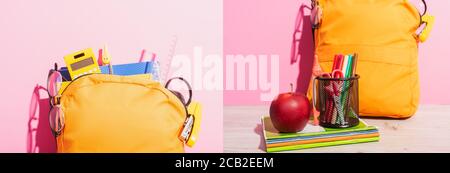 collage de sac à dos plein de fournitures scolaires près des carnets, pomme et porte-stylo avec stylos feutre sur image rose, horizontale Banque D'Images