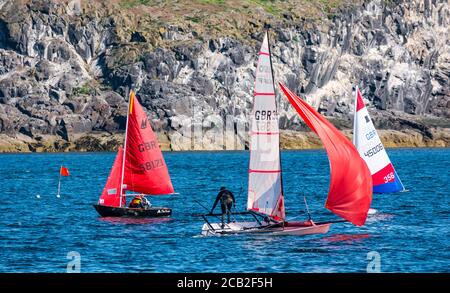 Musto skiff et topper voile dinghies dans la course de voile ELYC à Firth of Forth le jour ensoleillé d'été avec Craigleith Island, Écosse, Royaume-Uni Banque D'Images