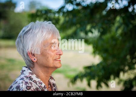 Portrait de la tête en profil d'une femme de 79 ans avec des cheveux blancs sur le fond flou d'un parc urbain, en regardant avec assurance vers le haut. Banque D'Images