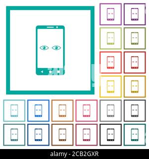 Icônes de couleur plate du scanner Mobile Iris avec cadres quadrants activés arrière-plan blanc Illustration de Vecteur