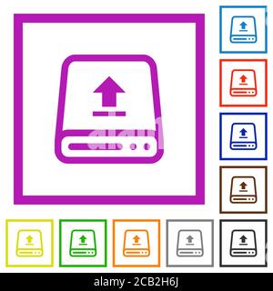 Chargement à partir d'icônes de couleur plate du disque dur dans des cadres carrés sur fond blanc Illustration de Vecteur