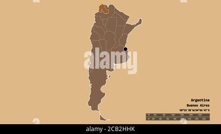 Forme désaturée de l'Argentine avec sa capitale, sa principale division régionale et la région séparée de Jujuy. Étiquettes. Composition des textures répétées. Réf. 3D Banque D'Images